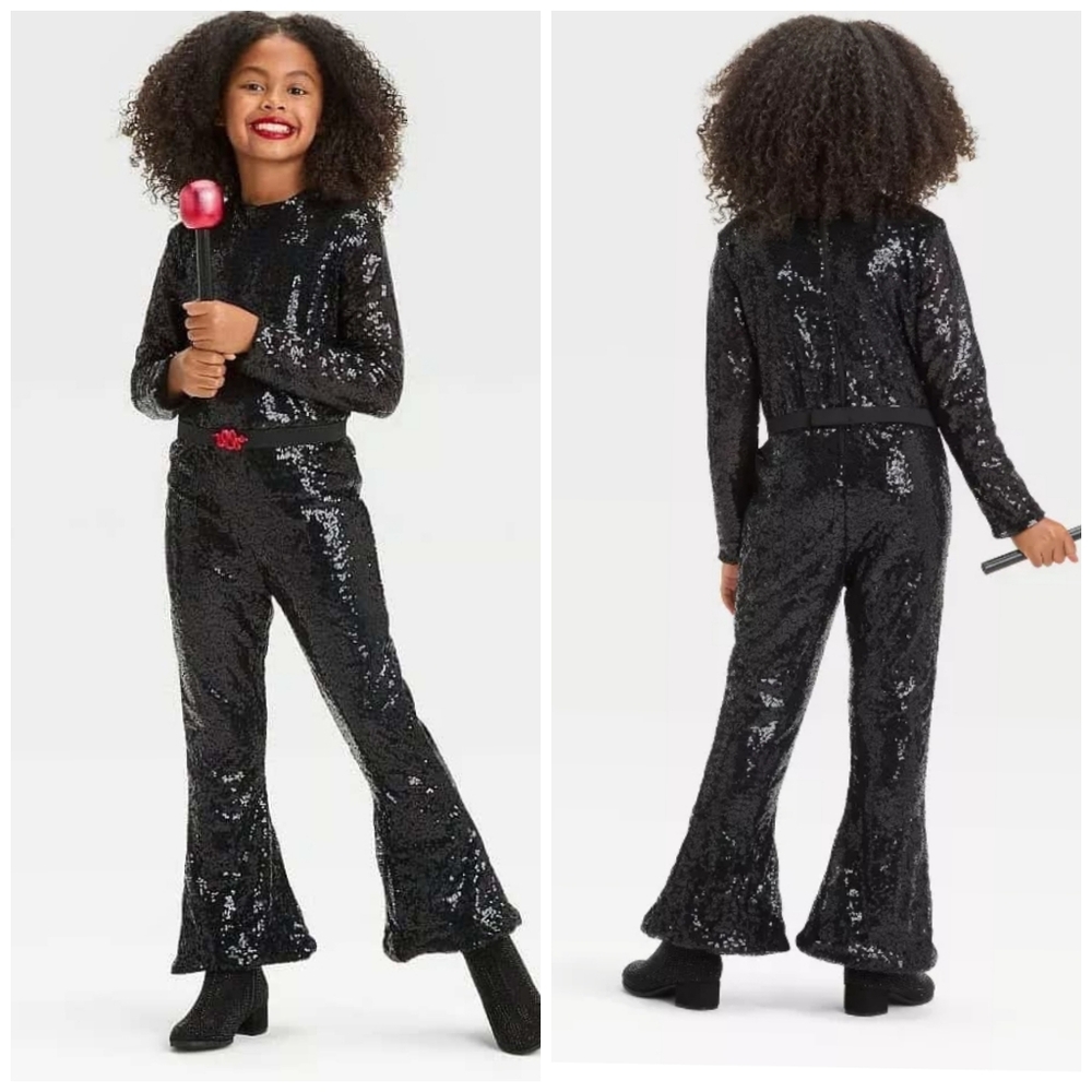 NEW HYDE and EEK Kids Glam K Pop Star Sequin Bellbottom Jumpsuit ,Mic & Belt M